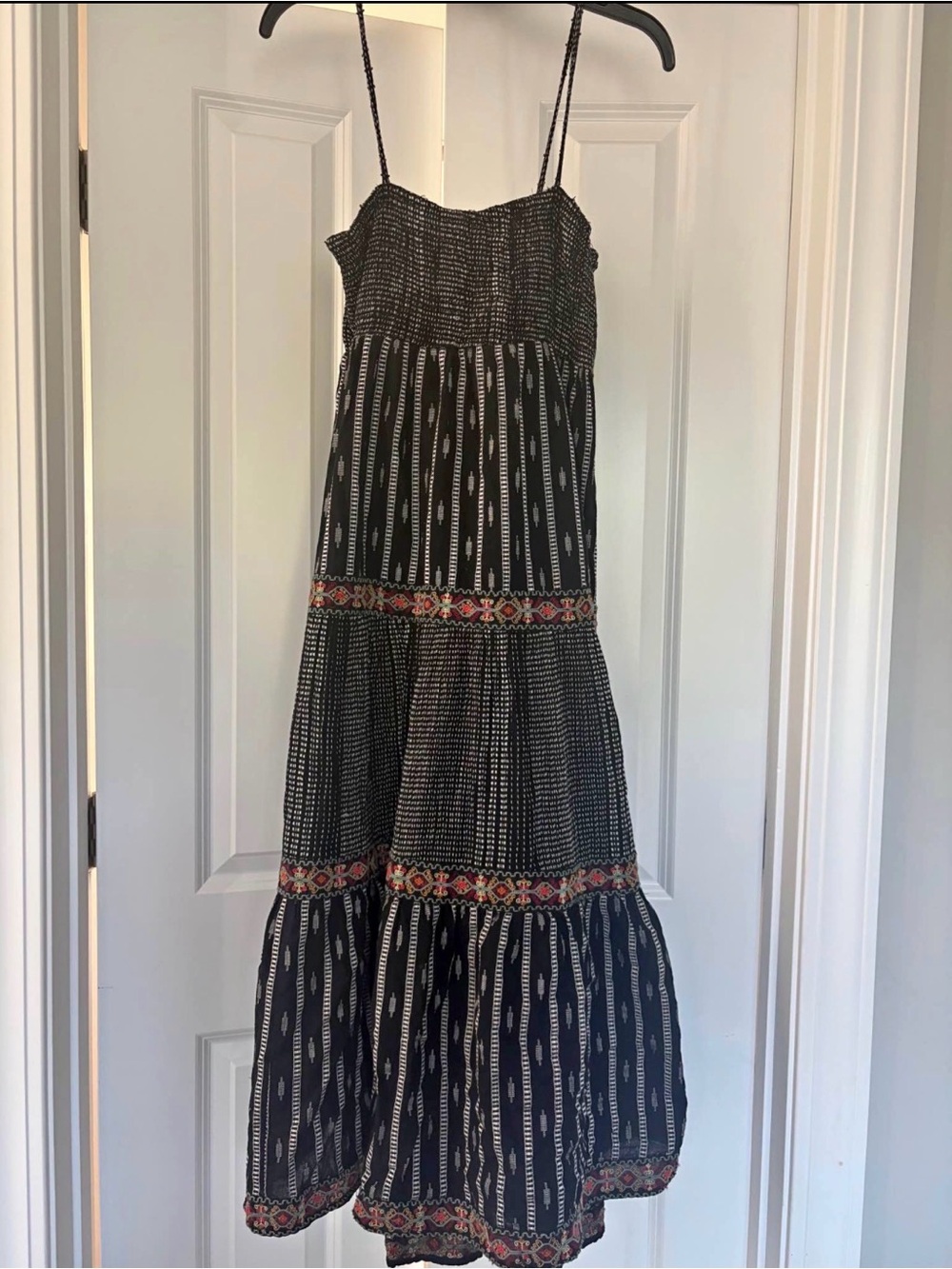 Zara Black Patterned Smocked Maxi Dress with Embroidered Trim